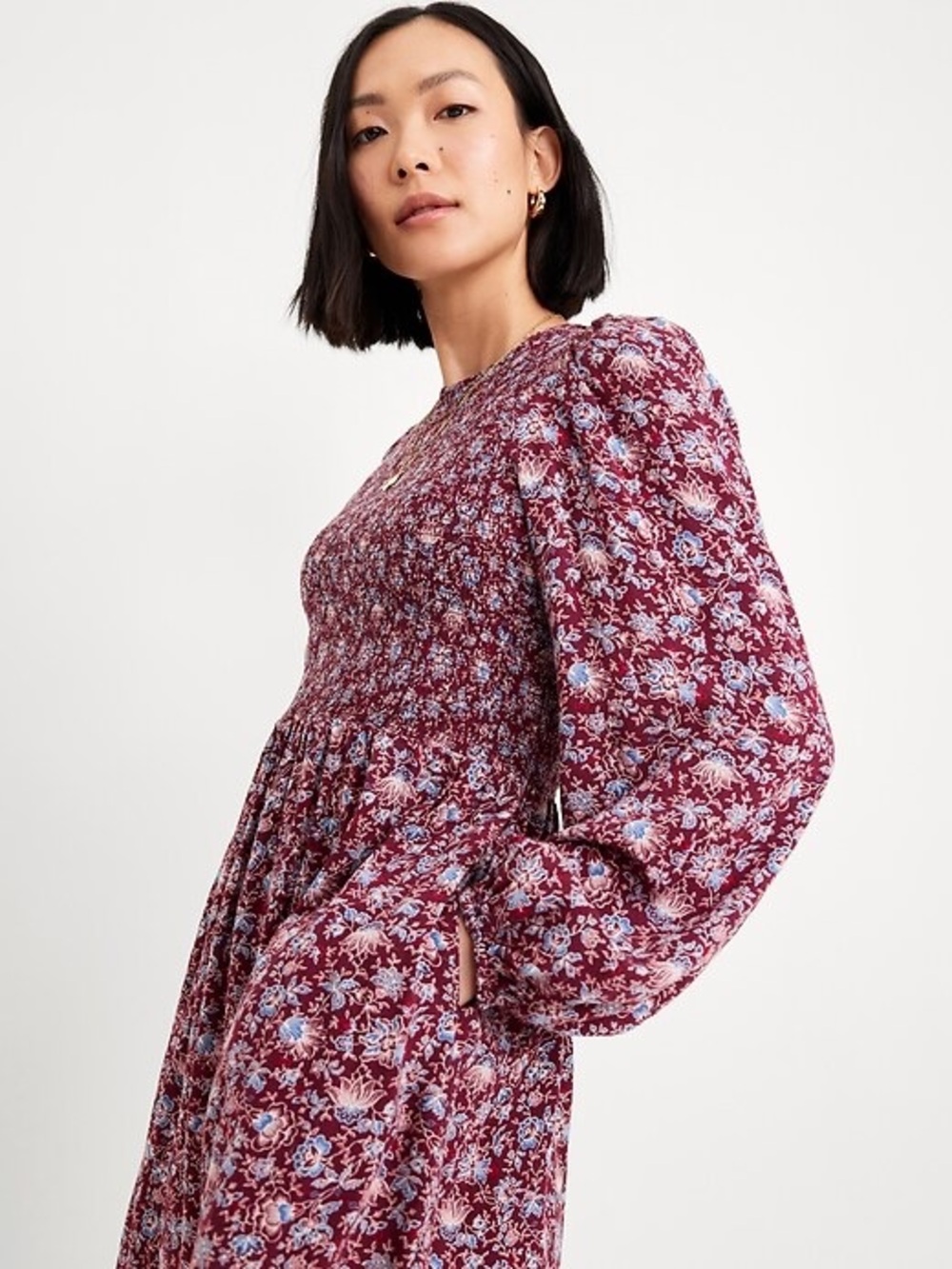 Old Navy Burgundy Floral Puff-Sleeve Midi Dress with Front Slit